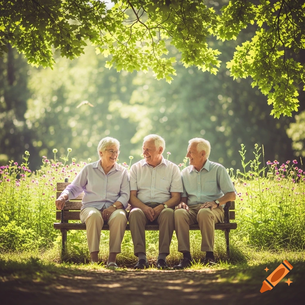Three smiling elderly people sit on a park bench amidst lush green foliage and purple flowers in dappled sunlight.