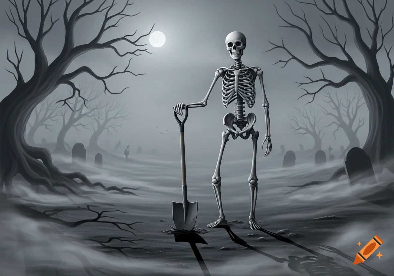 A skeleton holding a shovel stands in a foggy graveyard under a full moon, with bare trees.