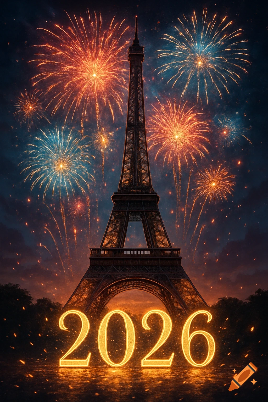 The Eiffel Tower stands tall against a vibrant night sky illuminated by colorful fireworks, with a glowing "2026" in the foreground.