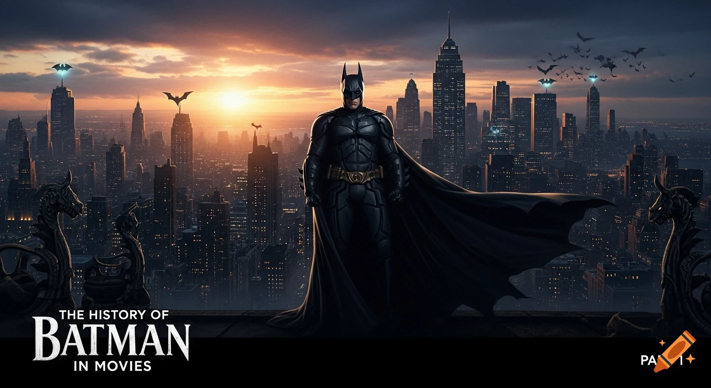 Photorealistic image of Batman on a Gotham City rooftop at sunset, overlooking the cityscape. Text: "The History of Batman in Movies Part 1"