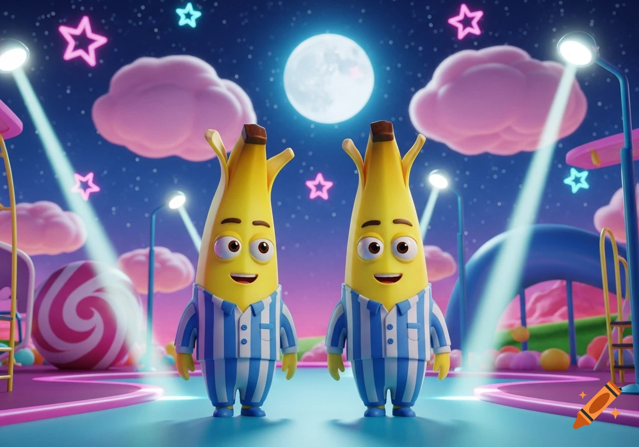 Two animated banana characters in blue striped pajamas stand in a colorful, dreamy playground at night under a full moon and neon stars.