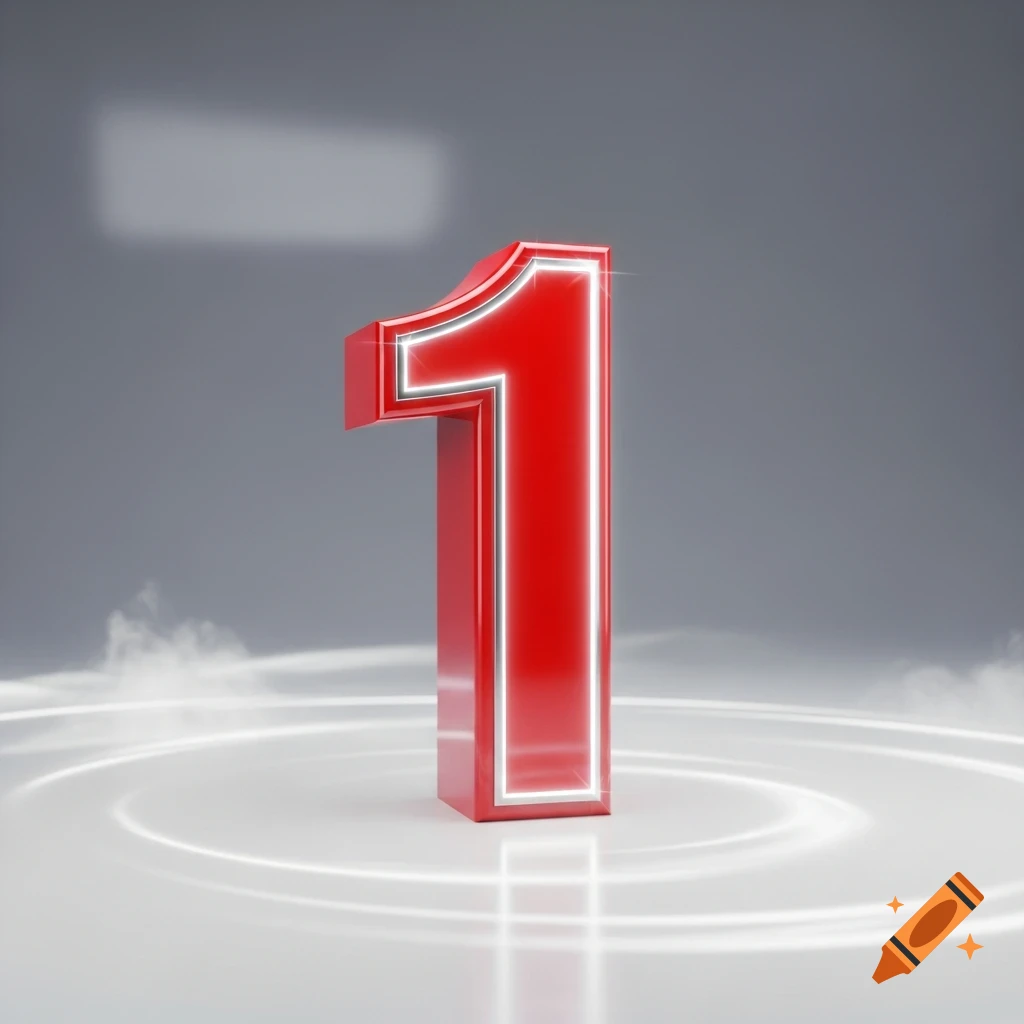 A shiny red, 3D number '1' with a bright white glowing outline stands on a reflective white surface with circular light patterns and mist against a gray background.
