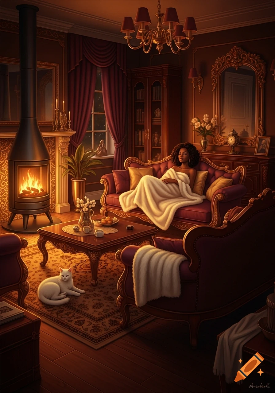 A black woman relaxes on a luxurious sofa under a white blanket in a cozy, dimly lit living room with a fireplace and a white cat.