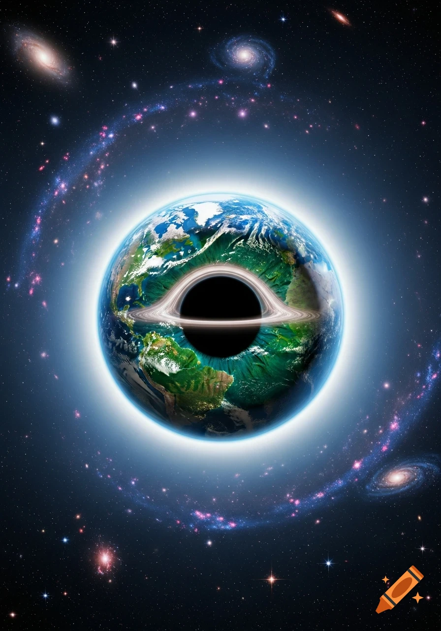 A surreal image depicting Earth as a giant eye, with a black hole at its center resembling a pupil, set in deep space with galaxies and stars.