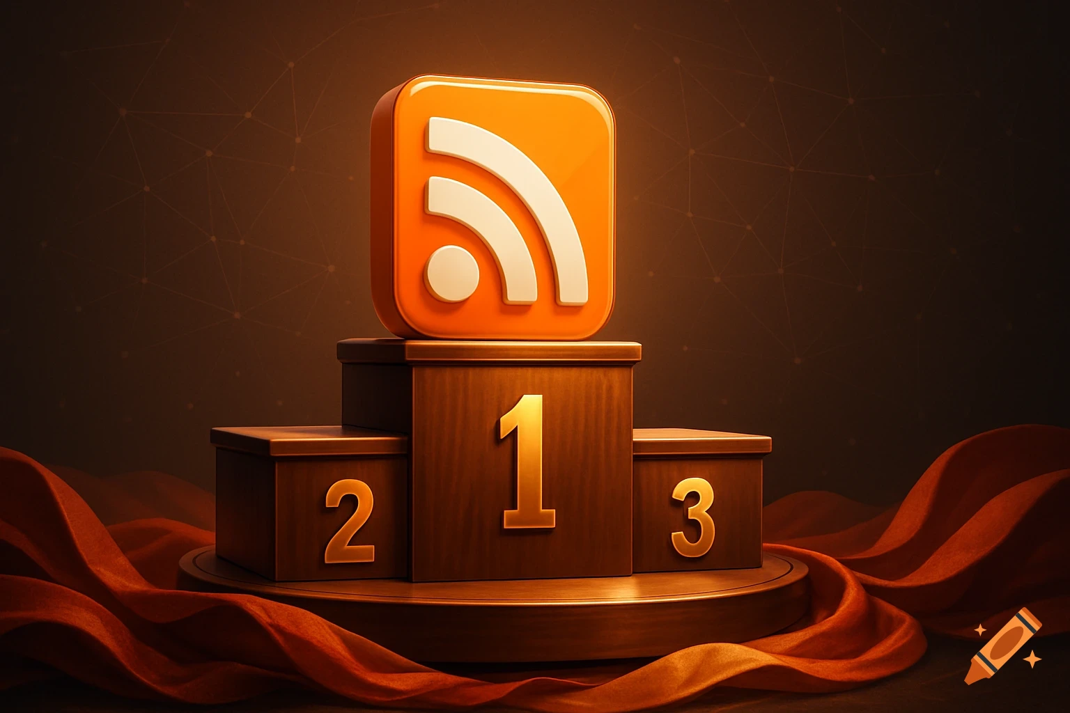 A 3D rendered orange RSS logo on a wooden winner's podium with steps numbered 1, 2, and 3.