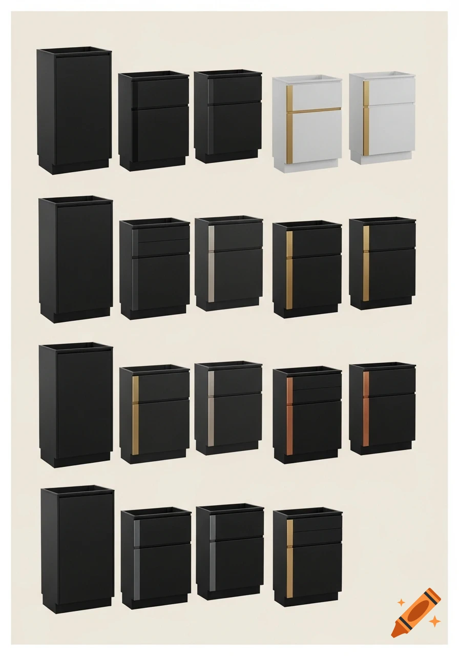 A grid of various kitchen cabinet modules, mostly black with metallic gold, silver, and copper accents, plus two white cabinets with gold handles.