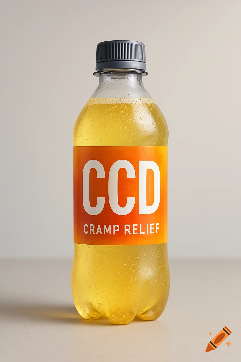 A realistic bottle of 'CCD Cramp Relief' drink with a light yellow, sparkling liquid and an orange label.