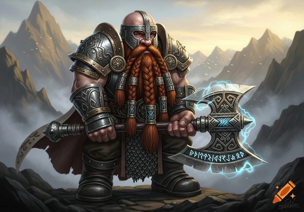 A fantasy dwarf warrior with a braided red beard and ornate helmet holds a glowing axe on a rocky mountain.