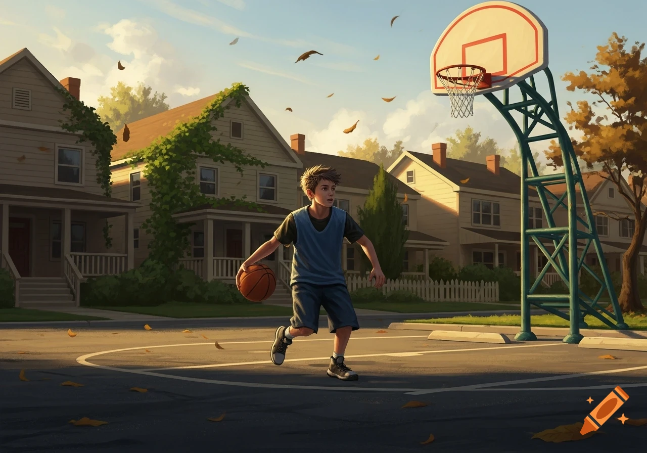 An illustrated image of a boy dribbling a basketball on a court in a sunny suburban neighborhood.