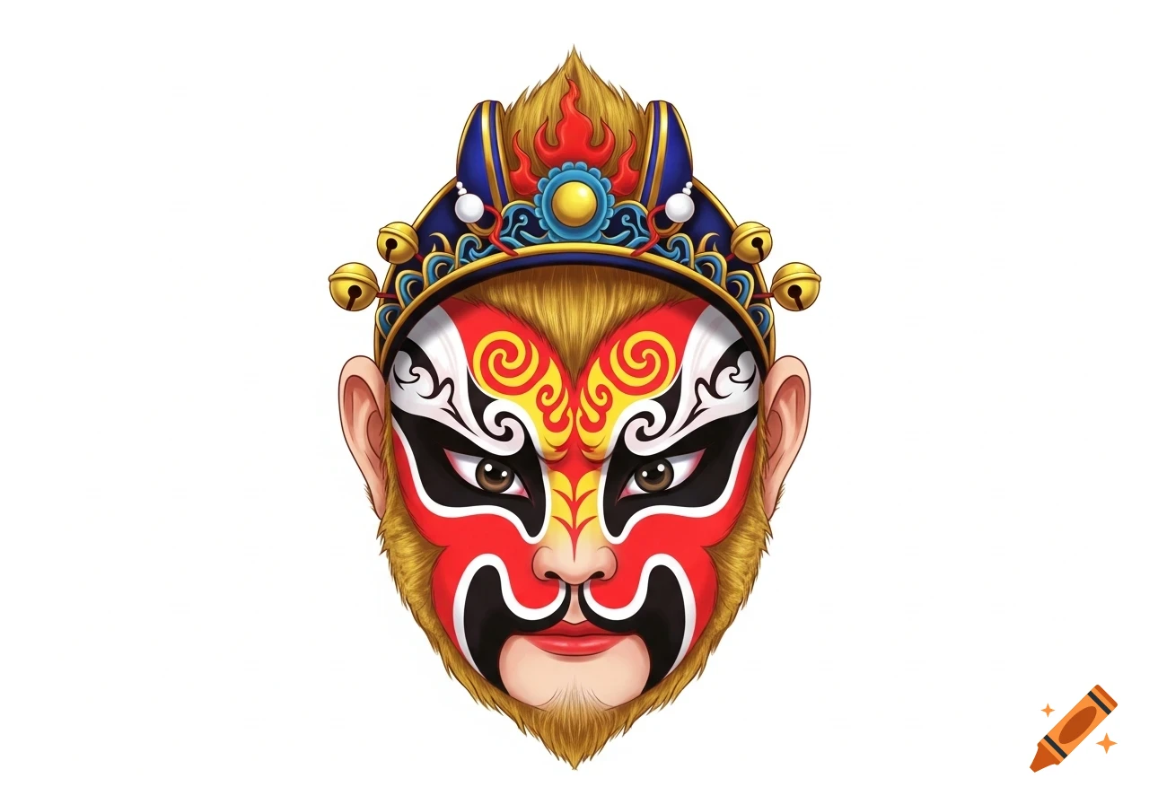 A colorful, stylized illustration of a Beijing Opera mask for the Monkey King, featuring intricate red, black, yellow, and white patterns on a golden-brown face, topped with an ornate blue and gold headdress adorned with small bells, set against a white background.