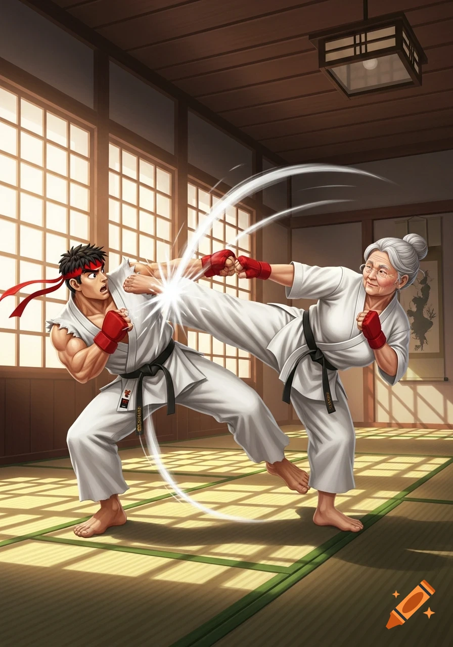 An elderly woman in a white karate gi delivers a powerful kick to the stomach of a muscular male fighter in a dojo.