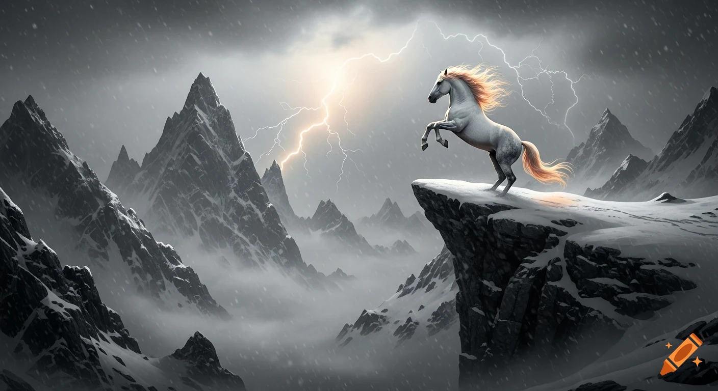 A dramatic cinematic image of a white stallion rearing on a snowy cliff edge amidst towering mountains and a lightning storm.