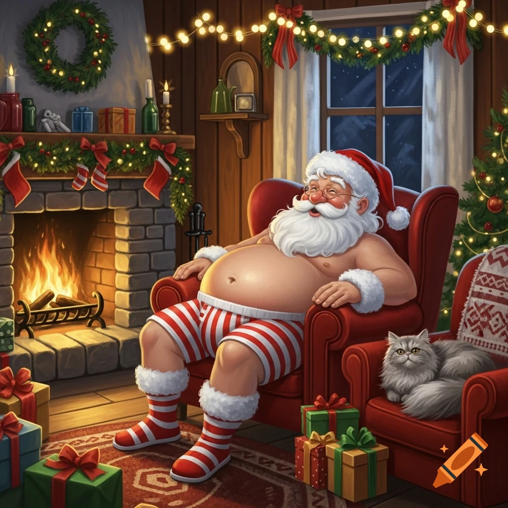Illustrated Santa Claus in striped boxers relaxes in an armchair by a fireplace in a festive Christmas room with a cat and presents.