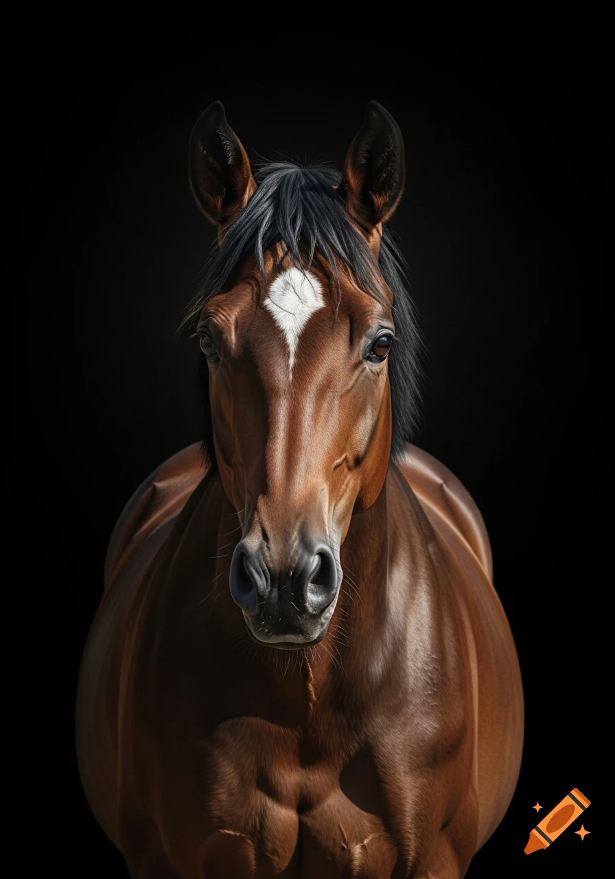 Realistic headshot of a brown horse with a black mane and a white blaze against a dark background.