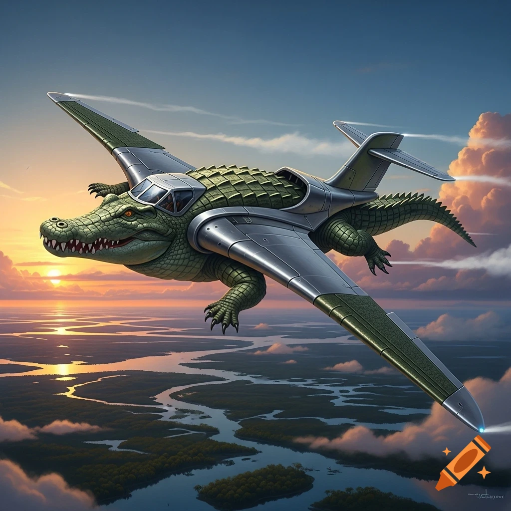 A stylized green crocodile with large metal airplane wings and a tail flies over a winding river and lush green landscape at sunset.