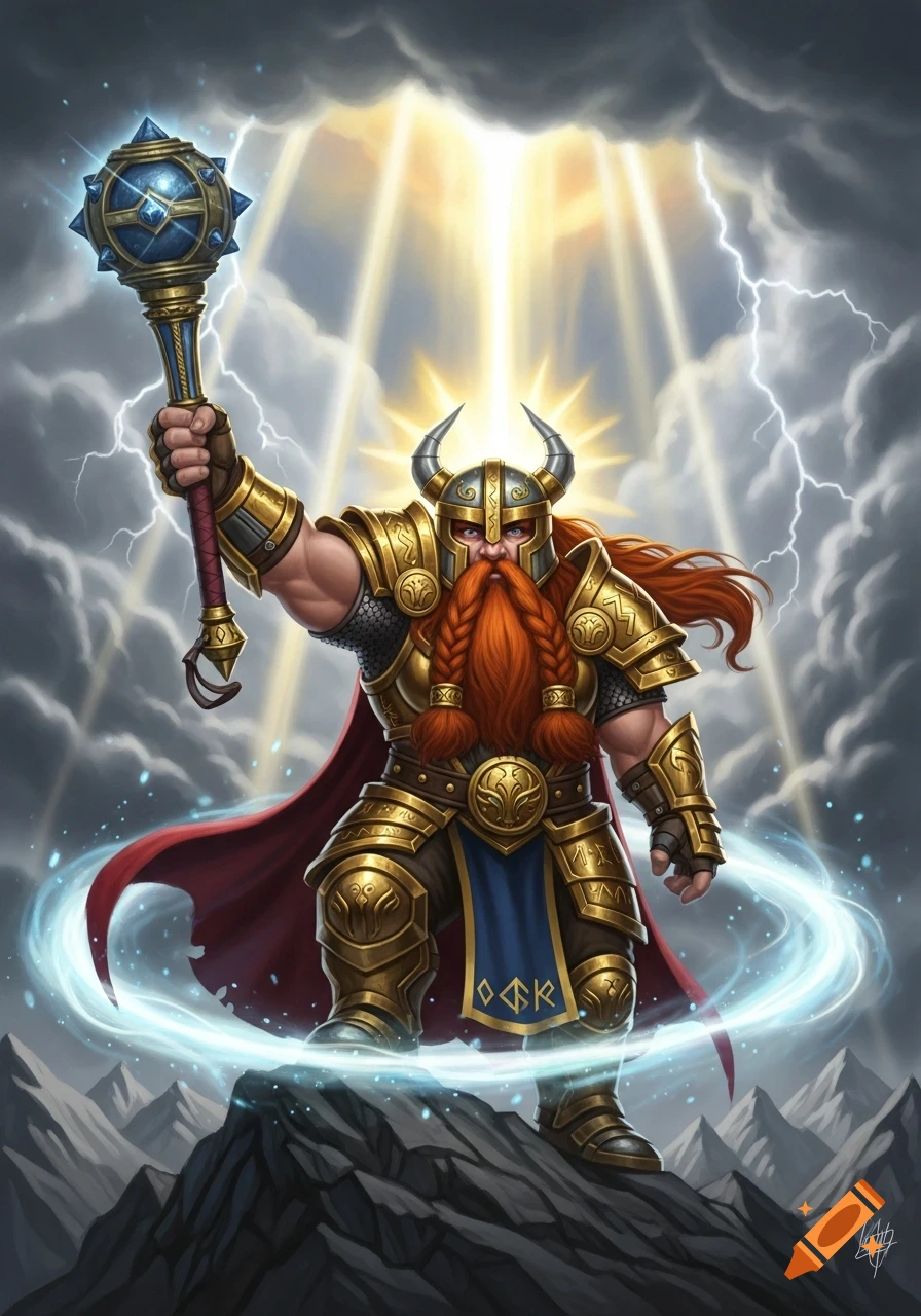 A muscular male dwarf paladin in ornate golden armor and a horned helmet raises a glowing mace to the heavens, surrounded by lightning and light rays from stormy clouds above a rocky peak.