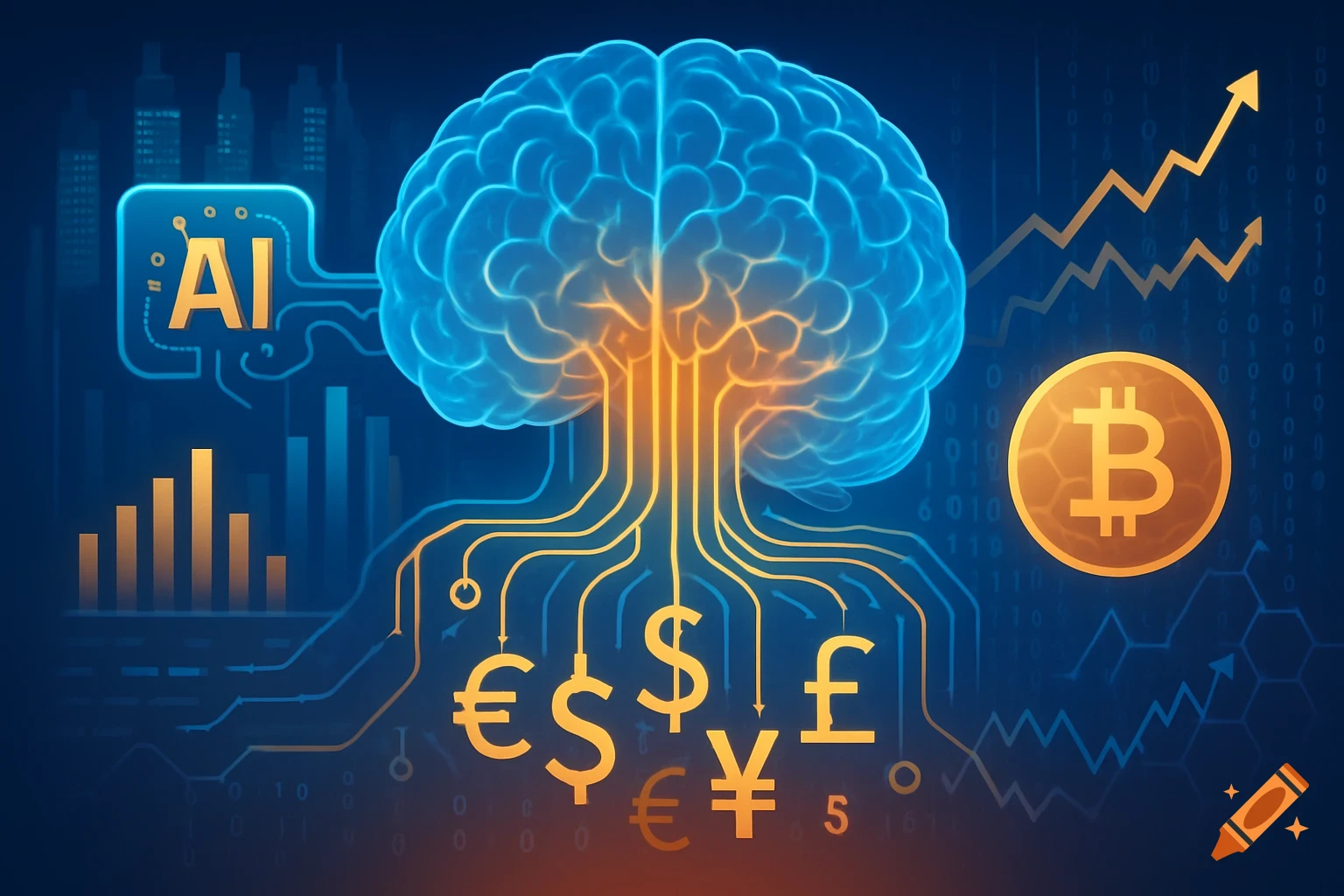 Glowing blue brain connecting to AI text, Bitcoin, and global currency symbols like euro, dollar, pound, and yen amidst financial charts.