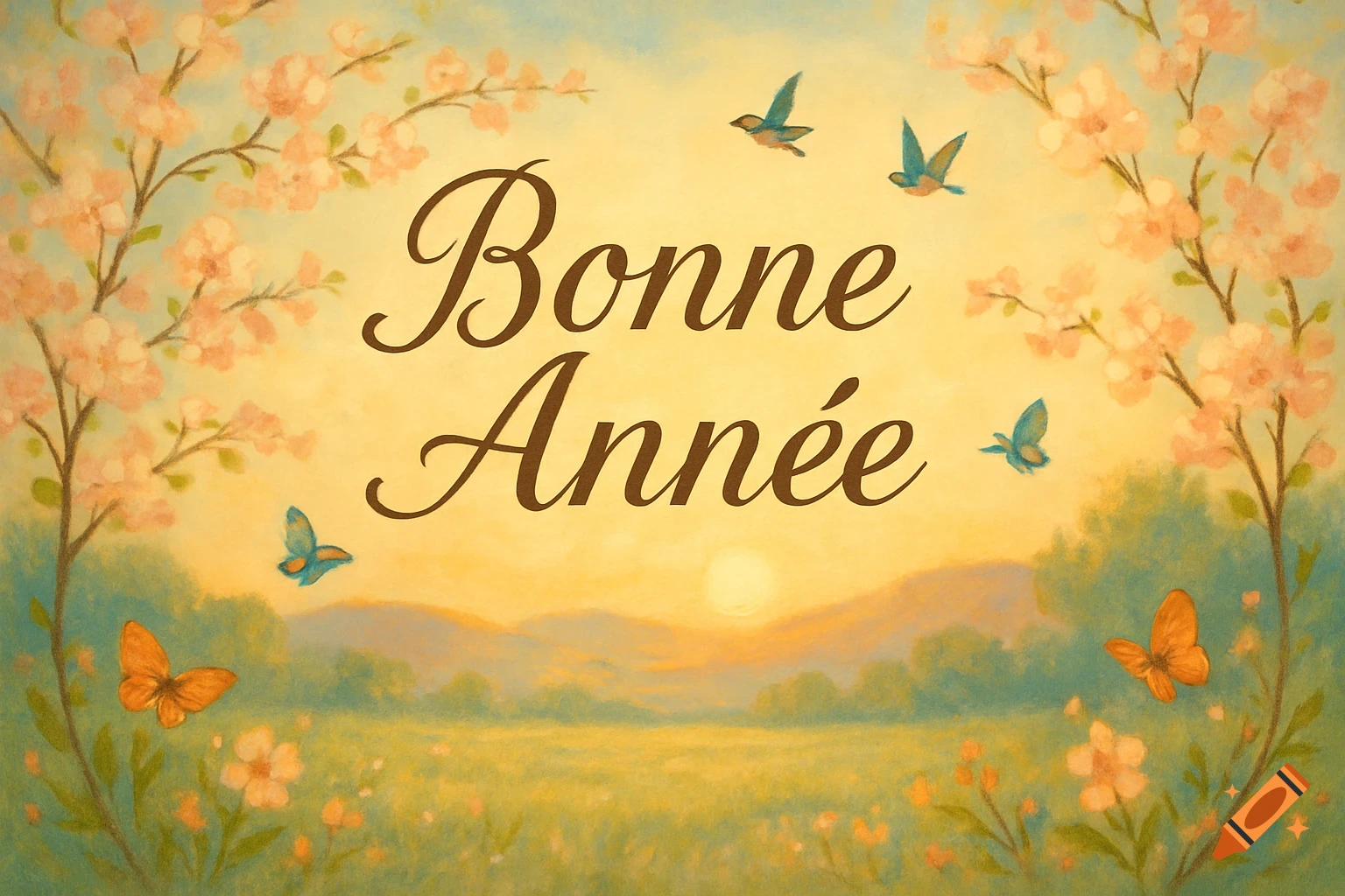 Text 'Bonne Année' on a soft pastel painting of a natural landscape with a sunset, cherry blossoms, birds, and butterflies.