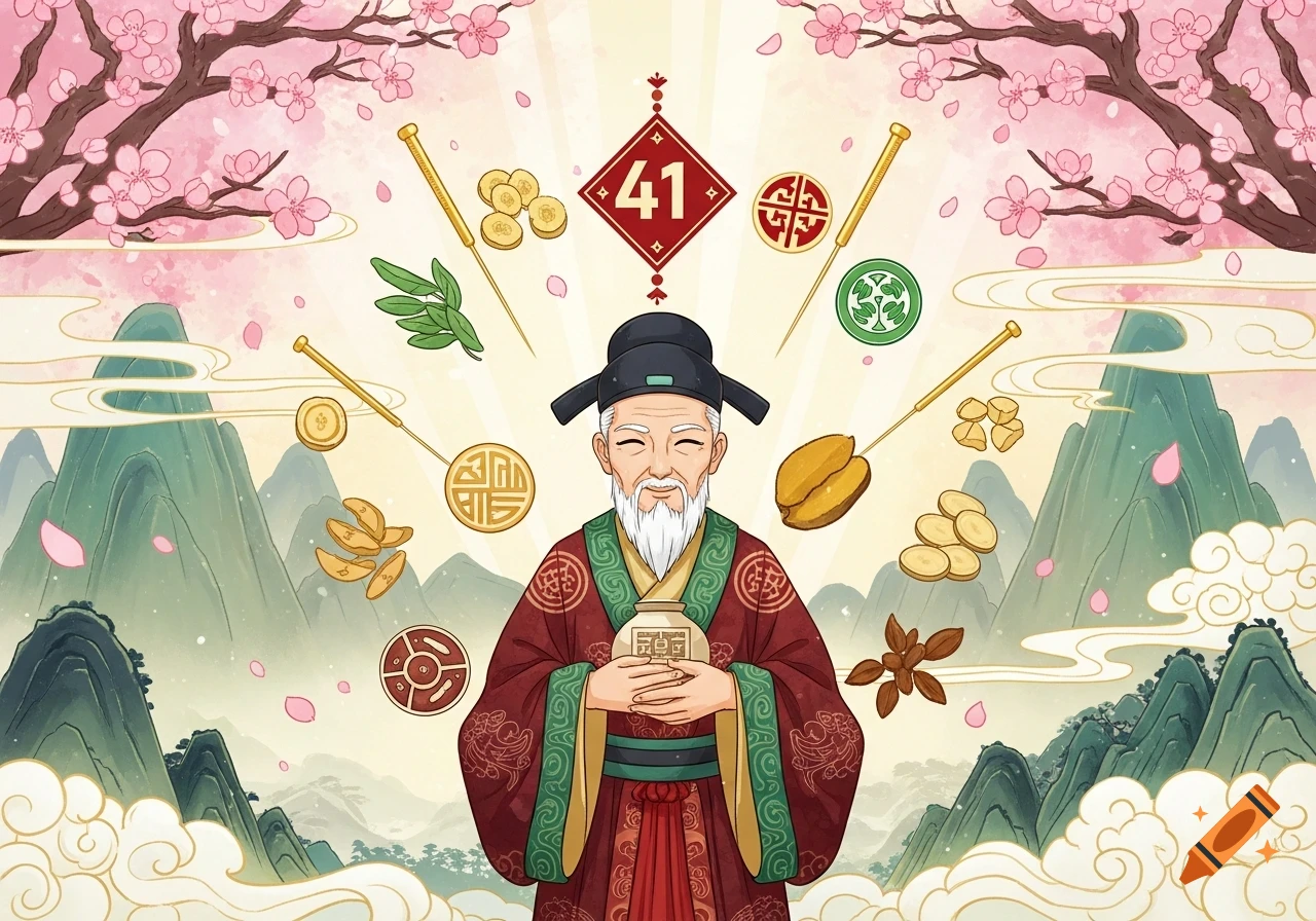 An elderly man in traditional Chinese attire holds a pot, surrounded by acupuncture needles, herbs, and symbolic items, against a backdrop of mountains, cherry blossoms, and the number 41.