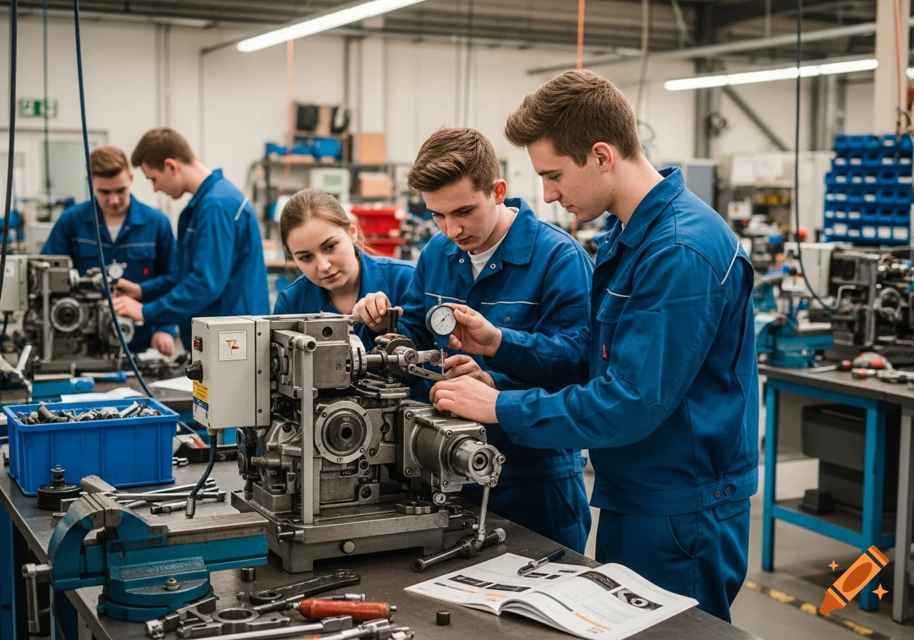 Three young students in blue overalls working on an engine with tools and a dial gauge in a well-lit workshop.