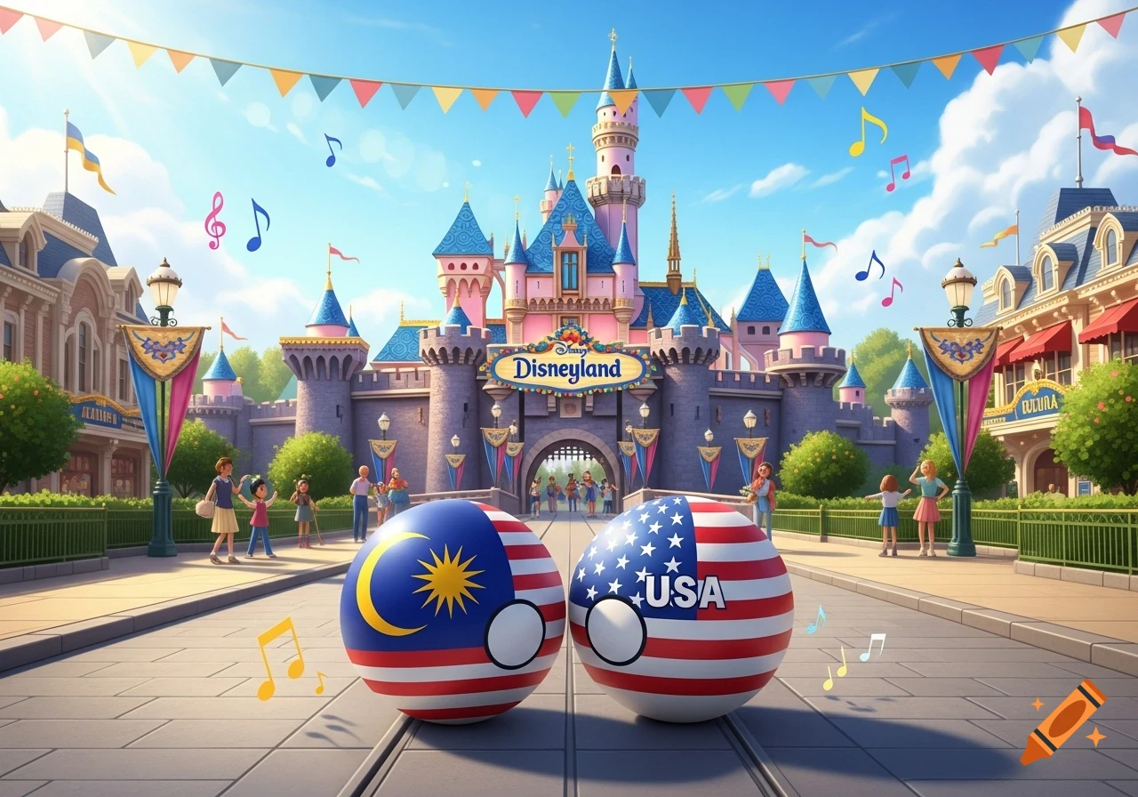 Malaysia and USA country balls stand on a path in front of a vibrant Disneyland castle under a sunny sky with musical notes.