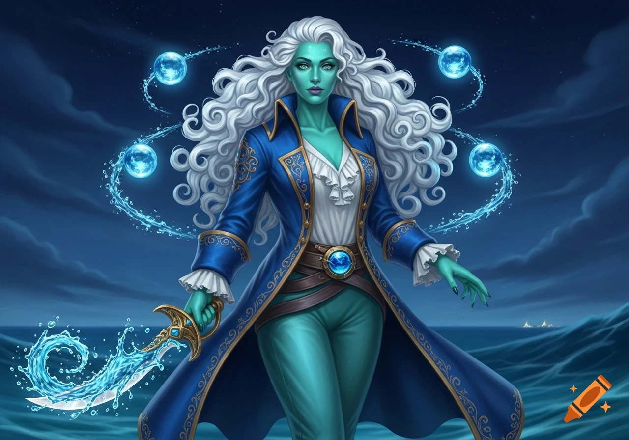 An ocean goddess with blue skin, long white curly hair, and a blue pirate coat holds a water cutlass, surrounded by glowing water orbs over a dark ocean.