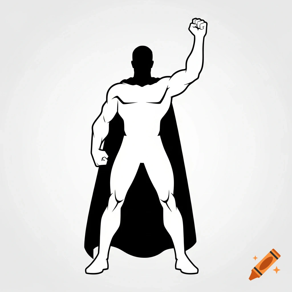 A black and white silhouette of a muscular male superhero with a cape, one fist raised, on a light gray background.
