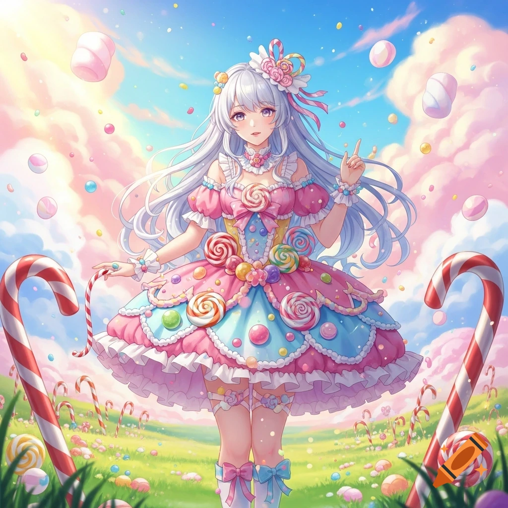 An anime girl with white hair in a pink and blue candycore dress in a pastel candy landscape with giant candy canes.