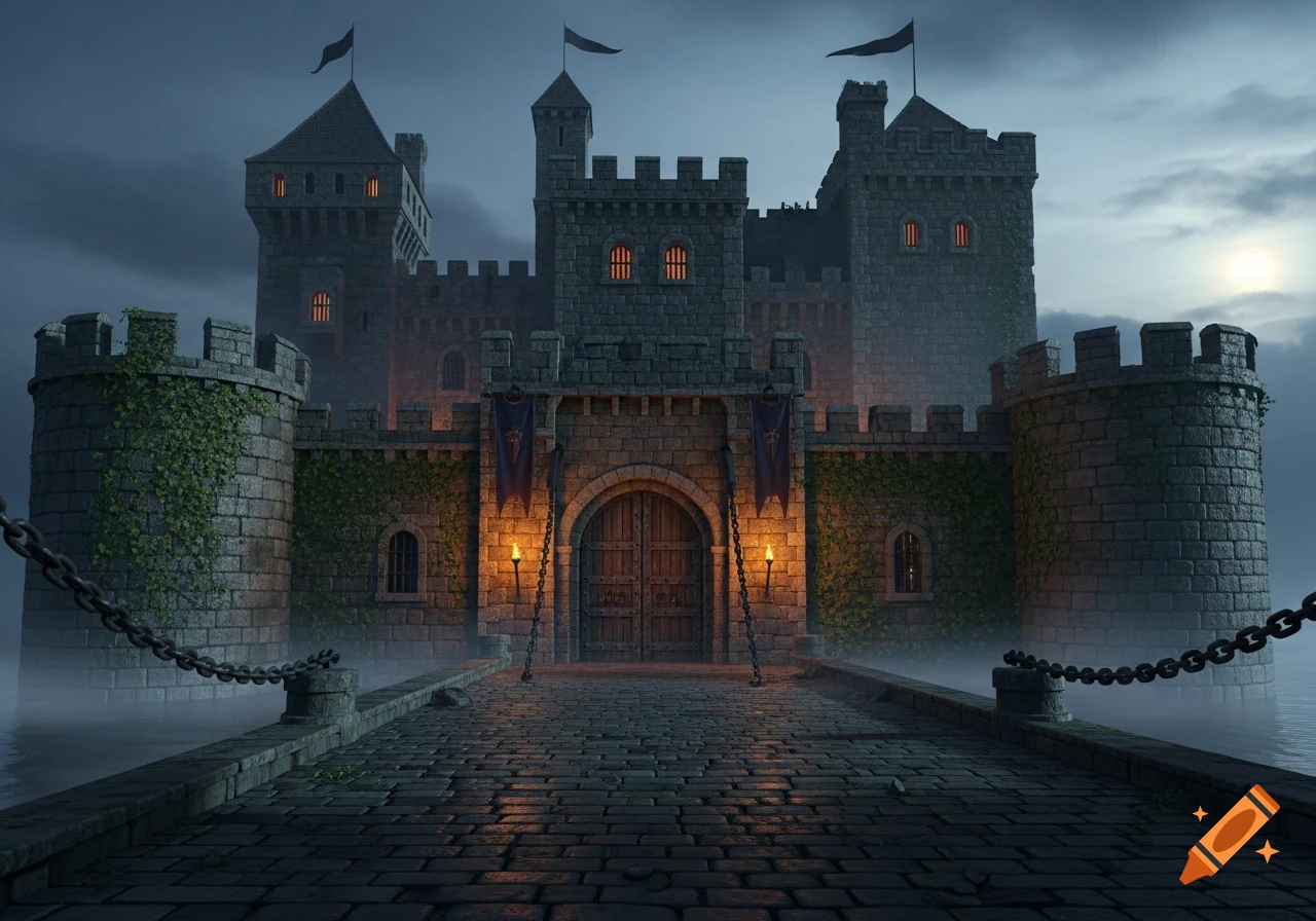 A medieval stone castle with glowing windows and torches at its gate, surrounded by water and fog under a moonlit, cloudy sky.
