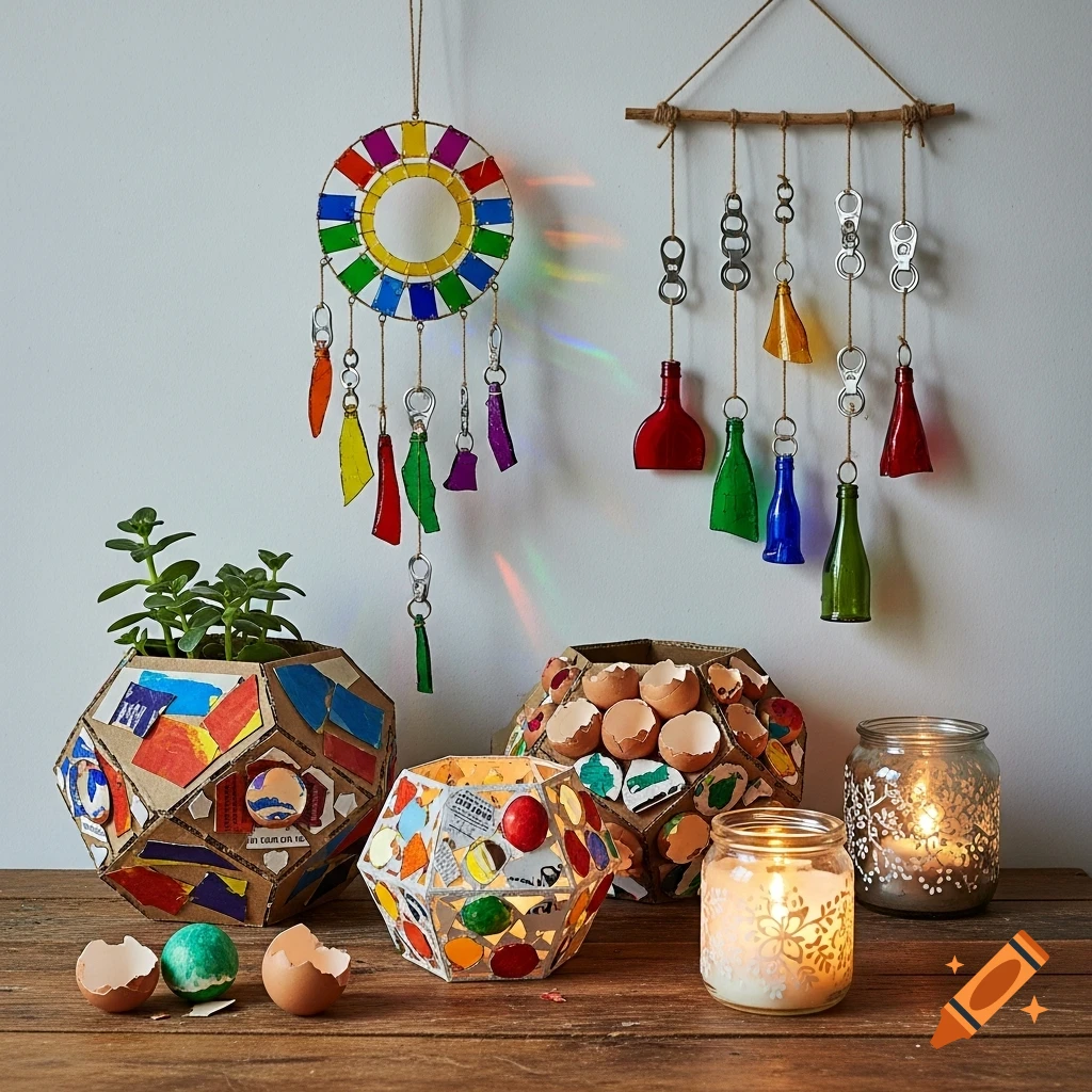 A rustic wooden table holds creative crafts made from recycled materials, including a plant in a cardboard pot, shell-filled pots, two lit candles, and colorful bottle and paper suncatchers hanging on a white wall.