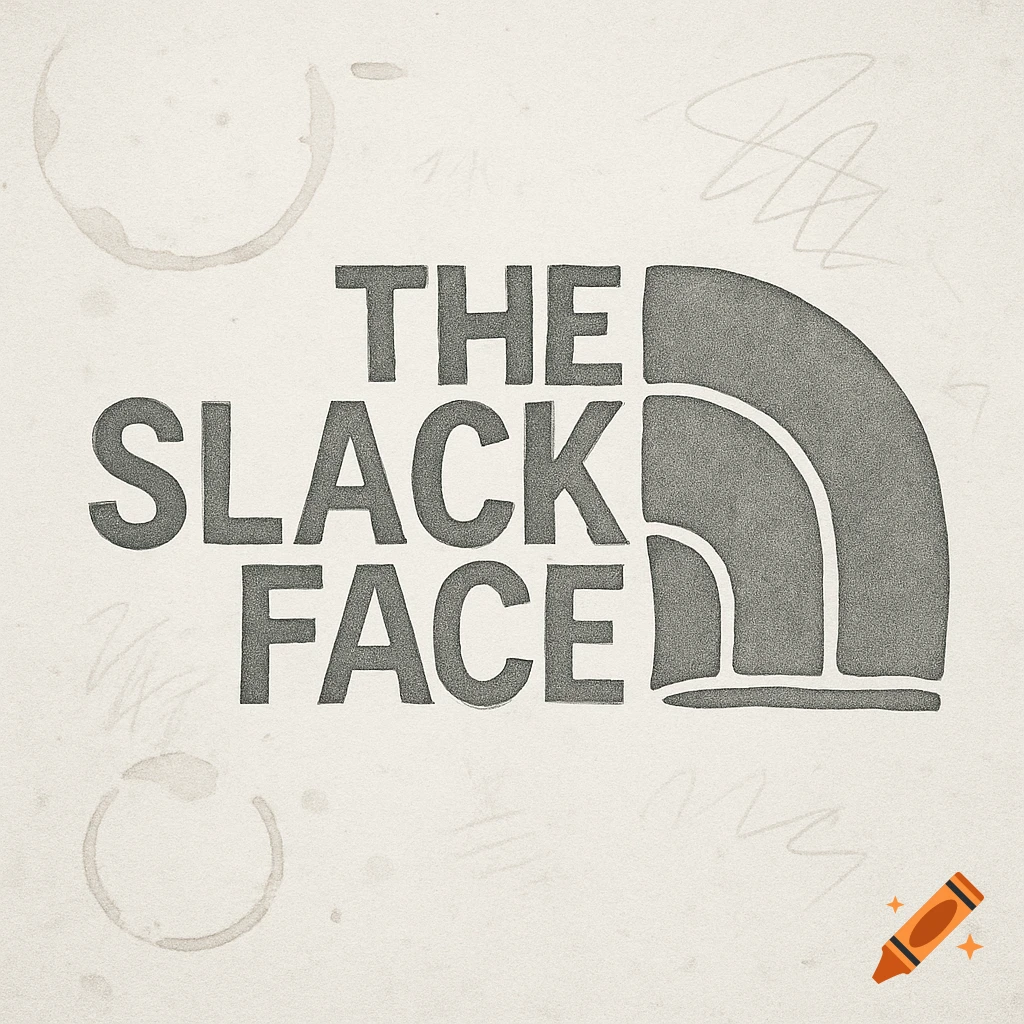 A parody logo for 'The Slack Face' in a stippled style, resembling The North Face logo with coffee stains and scribbles.