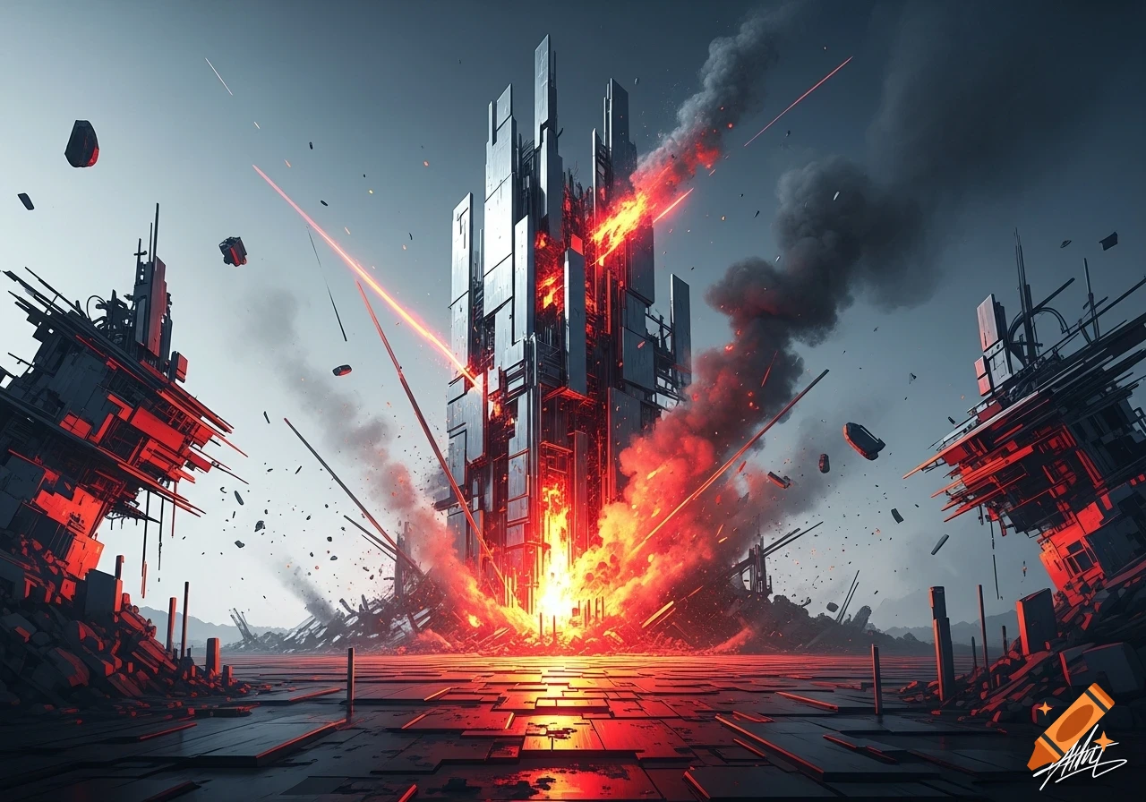 A towering, angular futuristic building erupts in a massive fiery explosion, spewing smoke and debris across a desolate, dystopian landscape with red laser beams.