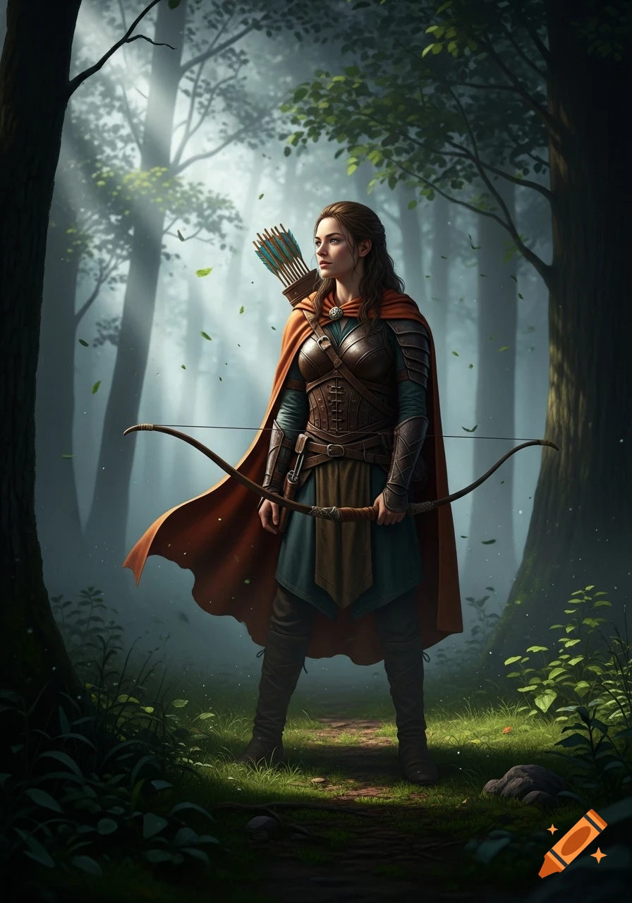 A fantasy huntress stands in a misty forest, wearing armor and a cloak, carrying a bow and quiver. Cinematic style.
