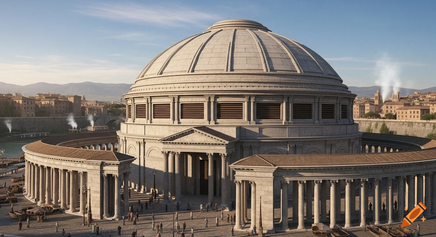A wide-angle, photorealistic view of a vast ancient Roman domed building and colonnade, with a city and river in the background under a blue sky.