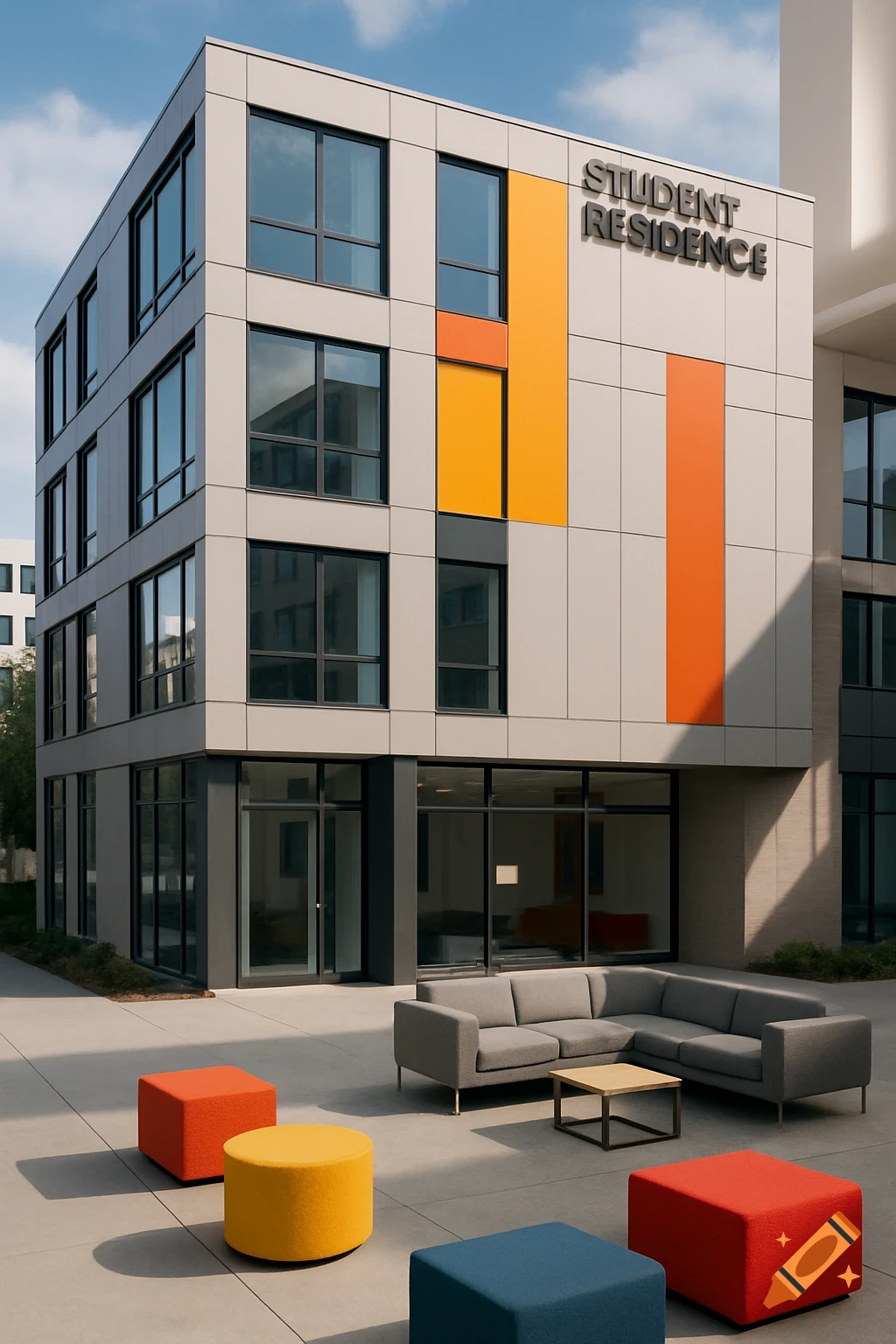 A modern student residence building with grey, orange, and yellow panels, large windows, and an outdoor patio with grey couches and colorful ottomans.