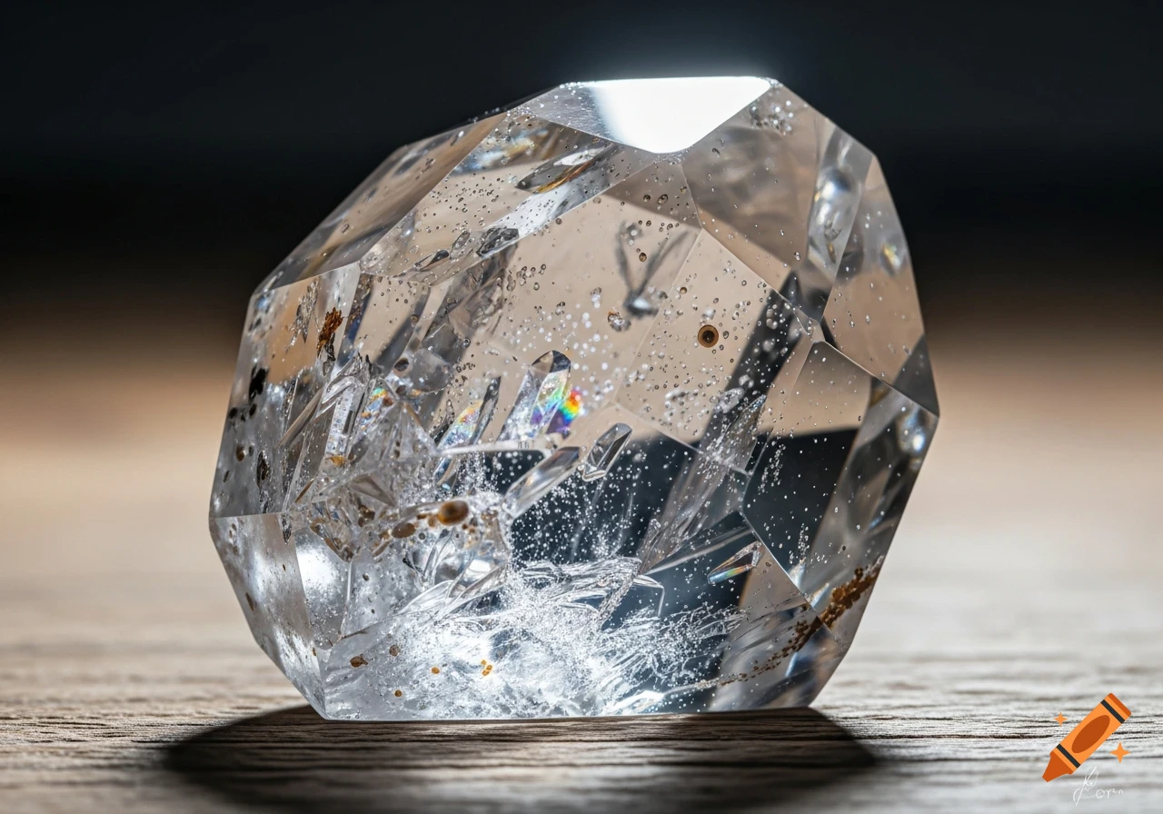 A hyperrealistic close-up of a clear, multifaceted crystal with internal bubbles, specks, and intricate refractions, resting on a wooden surface.