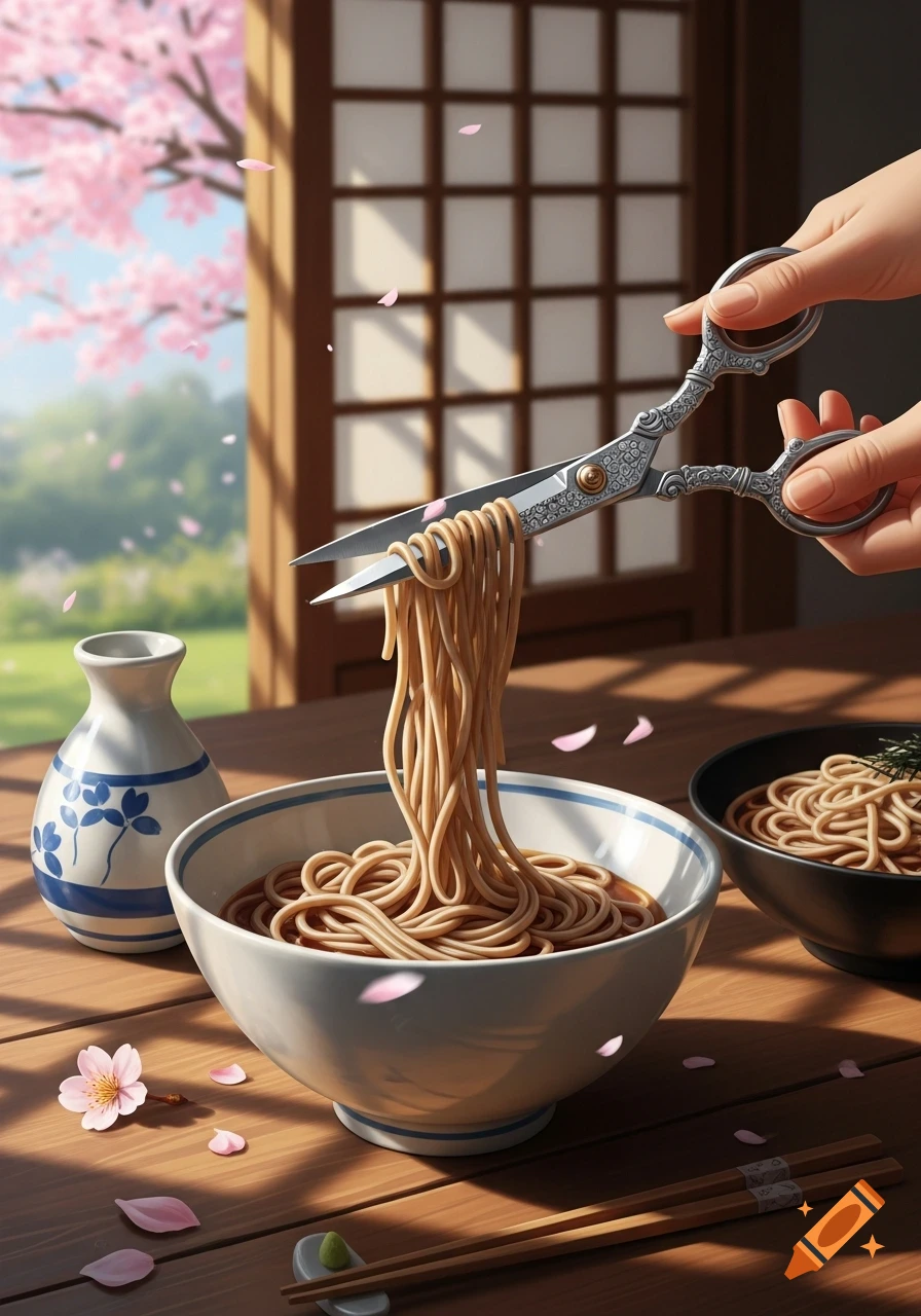 Hands cut soba noodles with ornate scissors over a bowl on a wooden table, with cherry blossoms and a traditional Japanese window in the background.