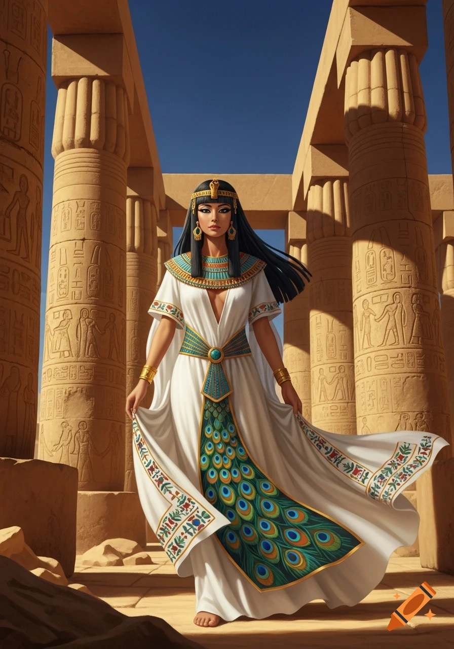 A beautiful Egyptian woman in a white gown with peacock pattern, golden headdress, and ornate jewelry stands barefoot among carved sandstone columns under a blue sky.