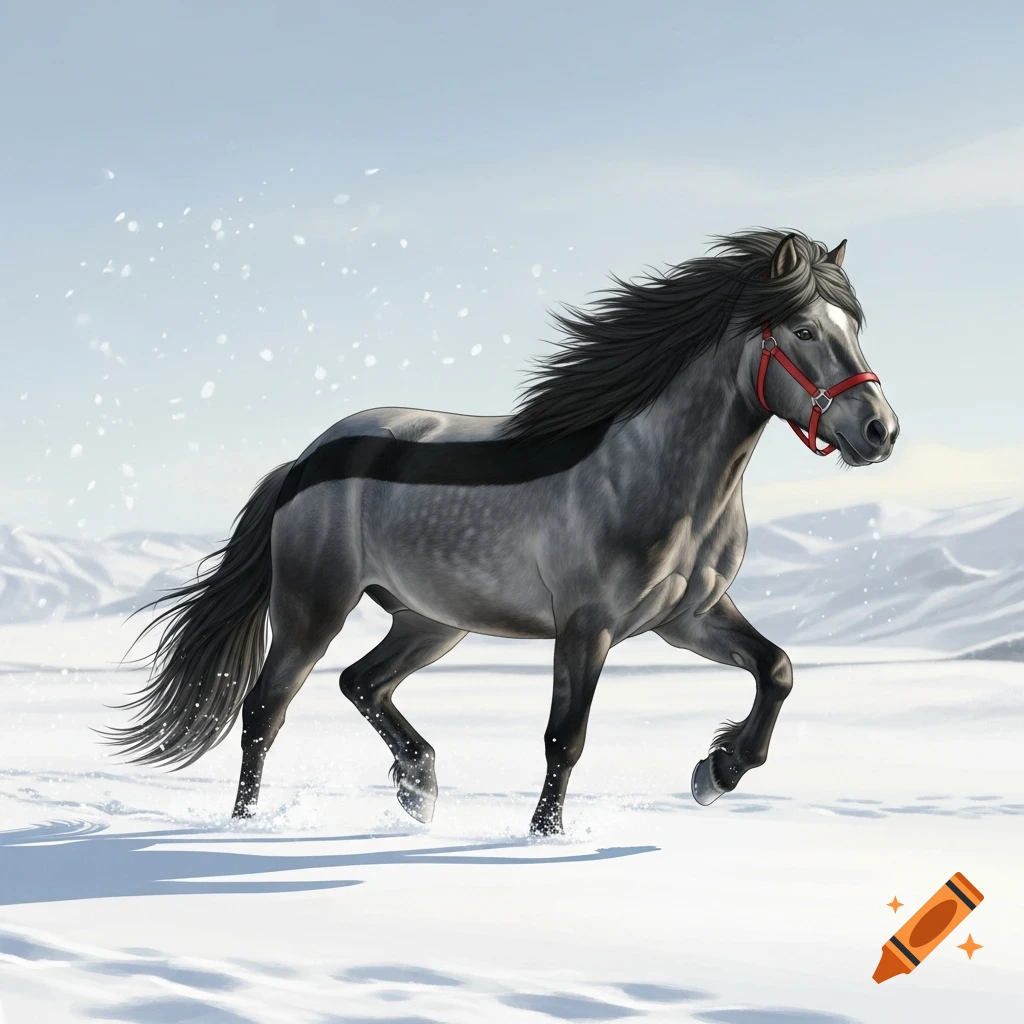 A grey Icelandic horse with a black dorsal stripe and red halter gallops through a snowy, mountainous landscape while snowflakes fall.