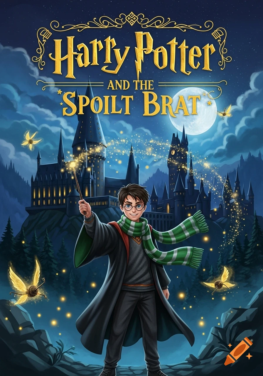Stylized book cover featuring a young wizard like Harry Potter with a wand, standing before a large, magical castle at night under a full moon.