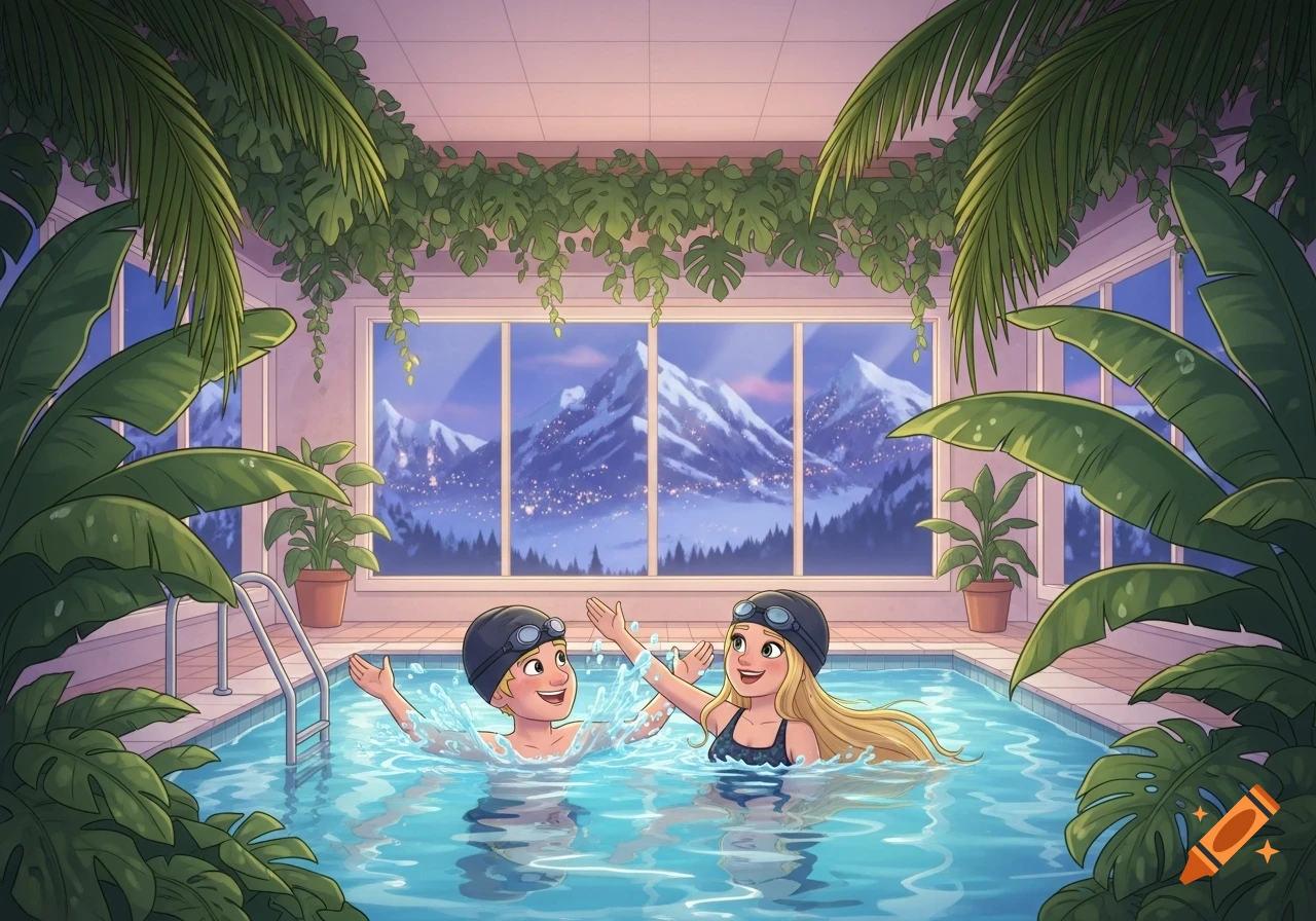 Two cute blonde children in swim caps and goggles splash in an indoor pool with tropical plants, looking out to snowy mountains. Pixar style.