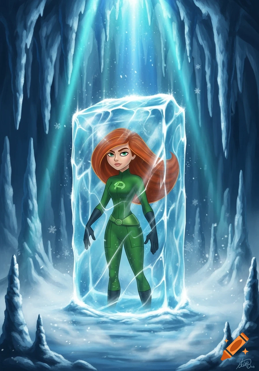 Cartoon character Kim Possible frozen in a block of ice in a blue icy cave with stalactites.