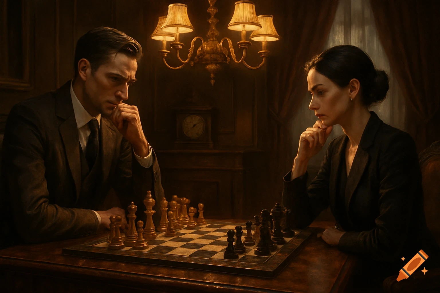 A man and a woman in formal attire intensely play chess in a dimly lit, richly decorated room, a chandelier above.
