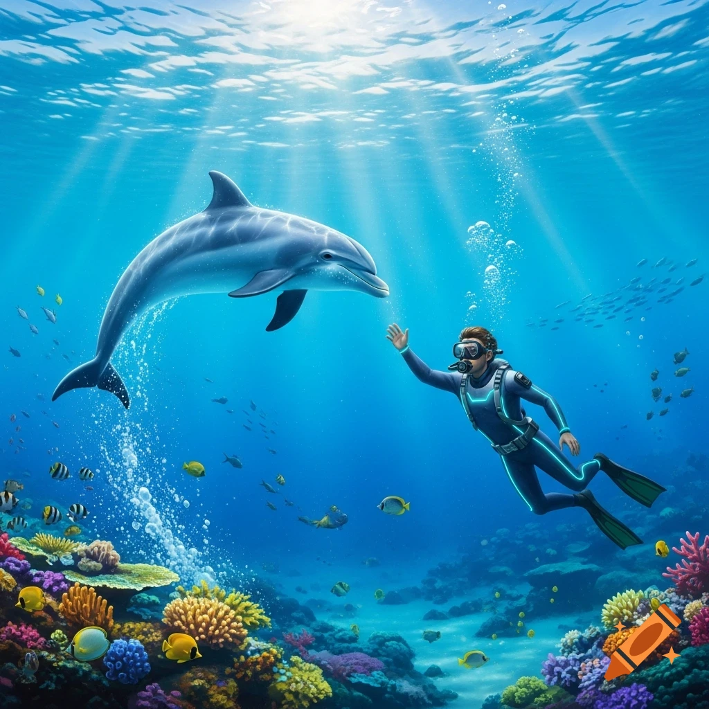 A diver reaches out to a dolphin swimming above a colorful coral reef with fish and sunbeams in clear blue water.