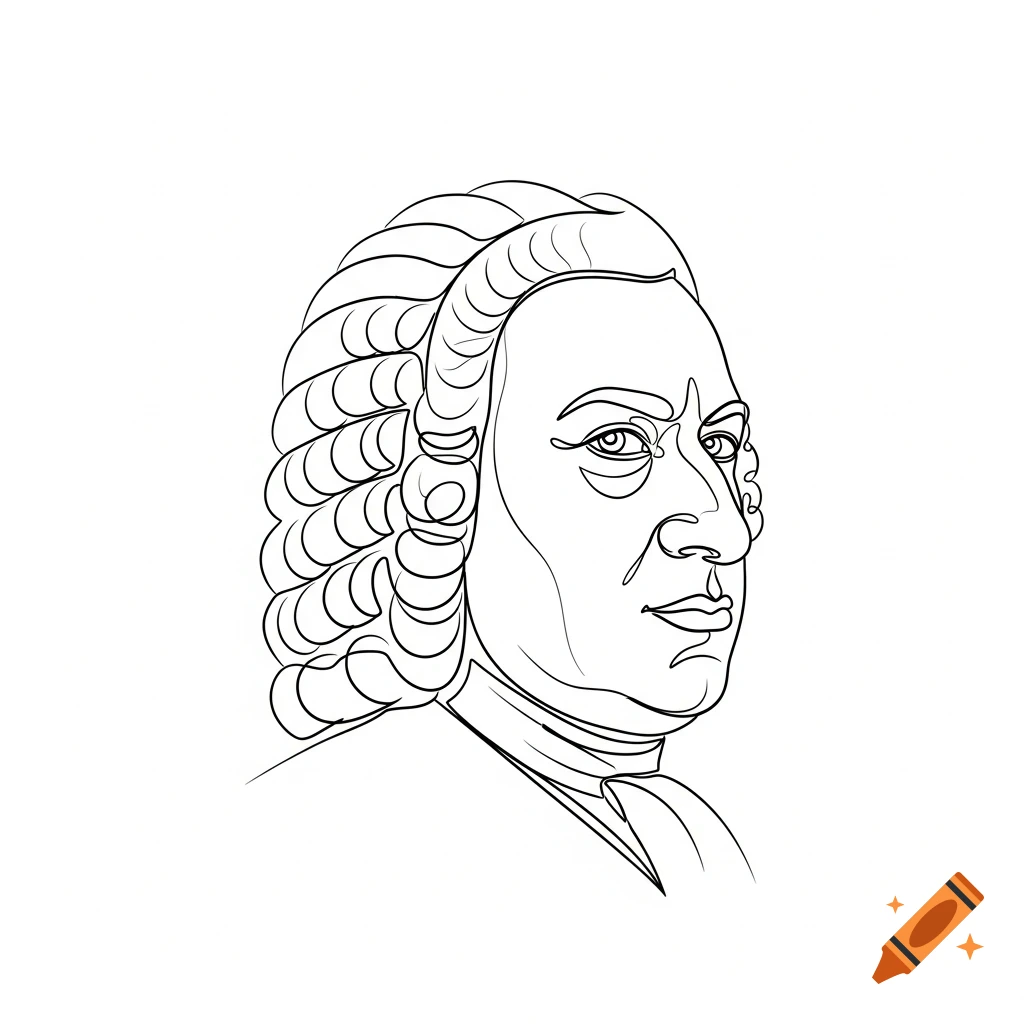 A minimalist black and white continuous line drawing of J.S. Bach's face in profile.