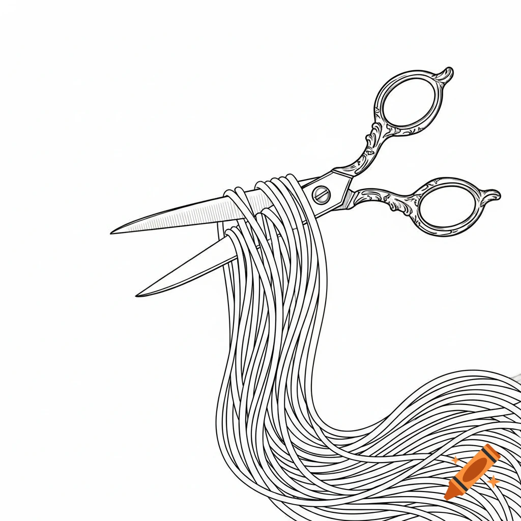 Black and white illustration of ornate scissors cutting strands of noodles flowing downwards.