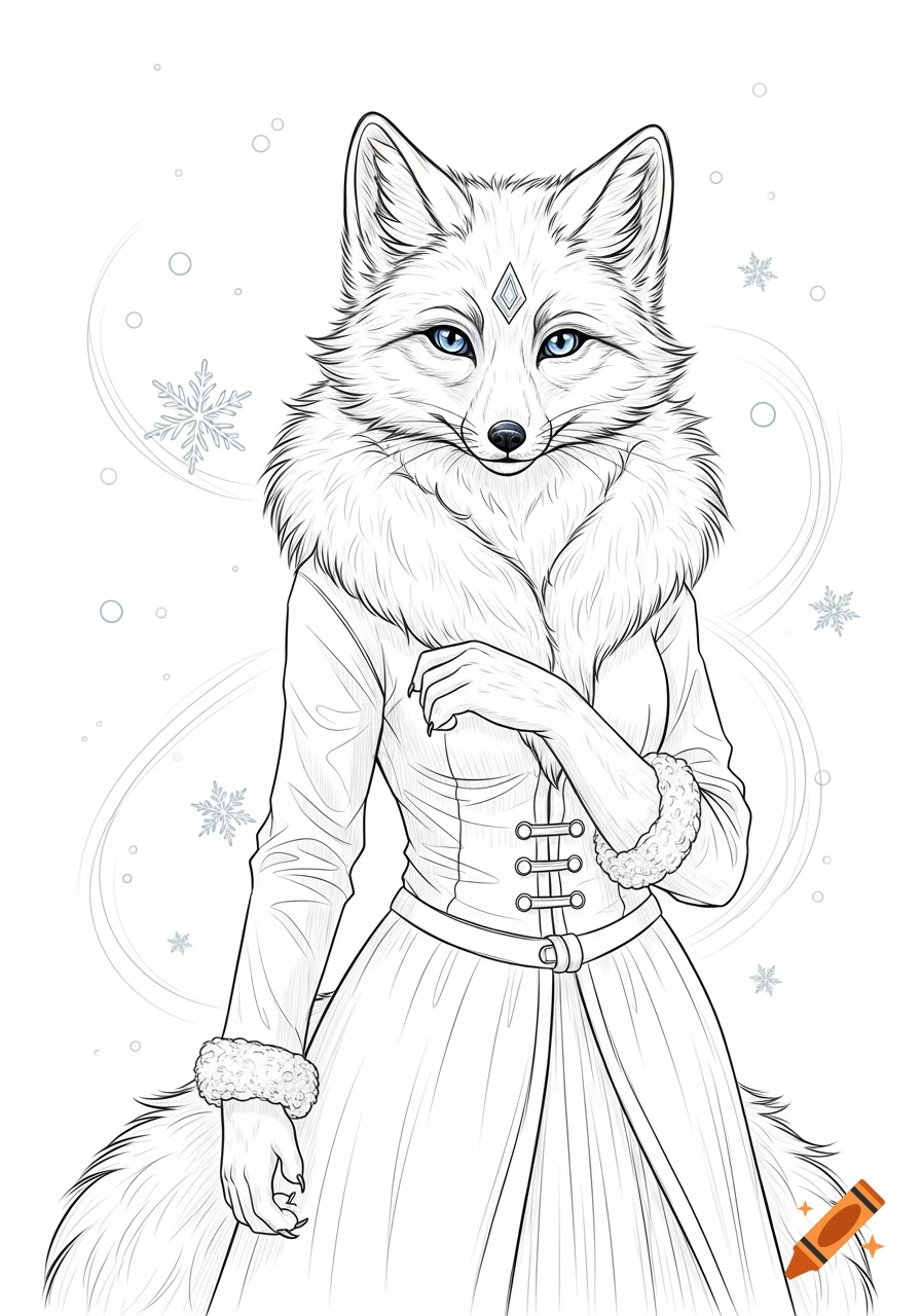Line art of an anthropomorphic arctic fox with blue eyes wearing a fur-collared winter coat, surrounded by snowflakes.
