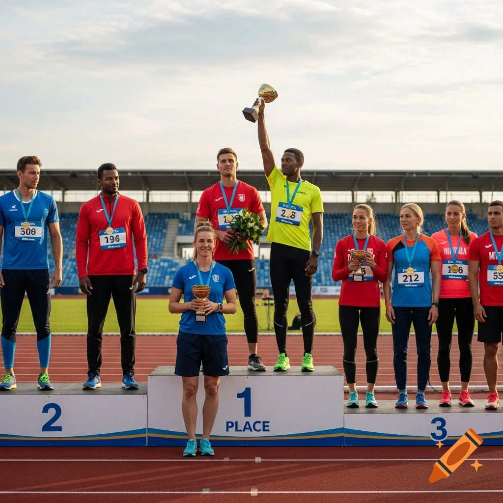 Athletes celebrate on a winner's podium at an outdoor track and field stadium, some holding trophies and bouquets.