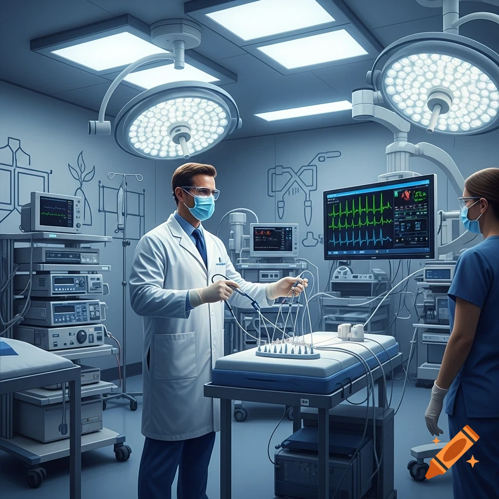 Photorealistic image of a cardiologist with an ablation catheter and an assistant in a modern catheter lab filled with medical equipment.