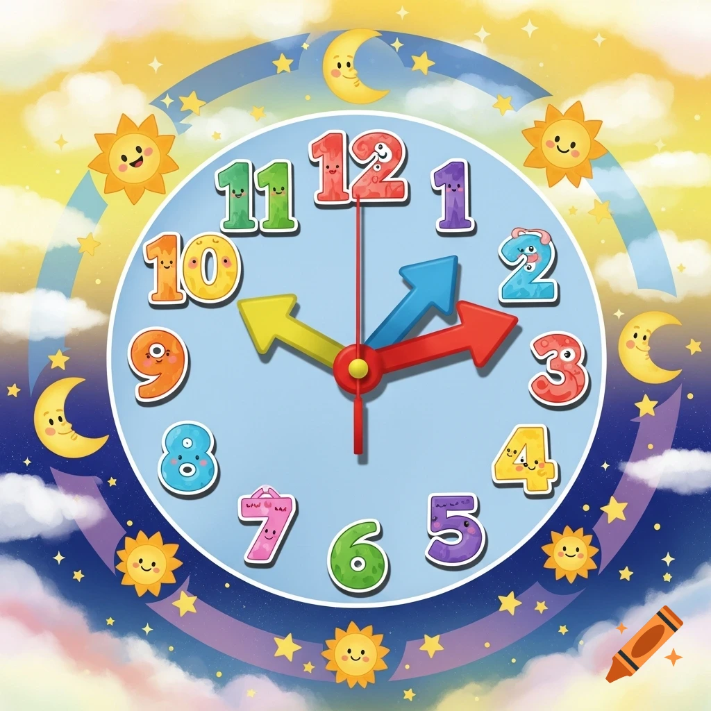 Colorful cartoon clock for kids with happy numbered hours, suns, moons, and stars on a rainbow background.